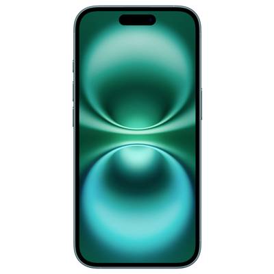 Smartphone with a blue-green, wave-like screen background, front view.