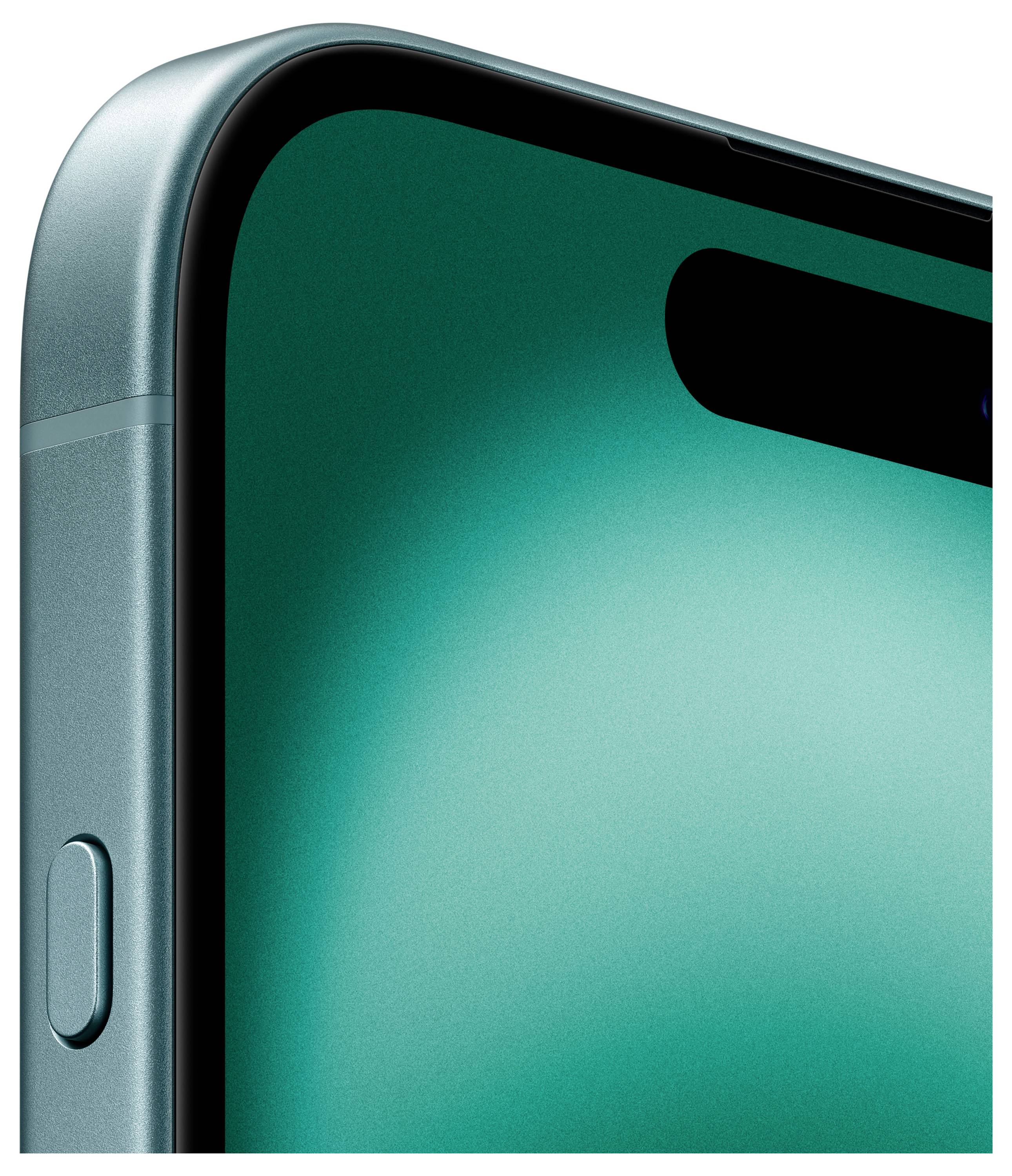 Close-up of a smartphone in a metallic green colour, showing the side button and the front camera.