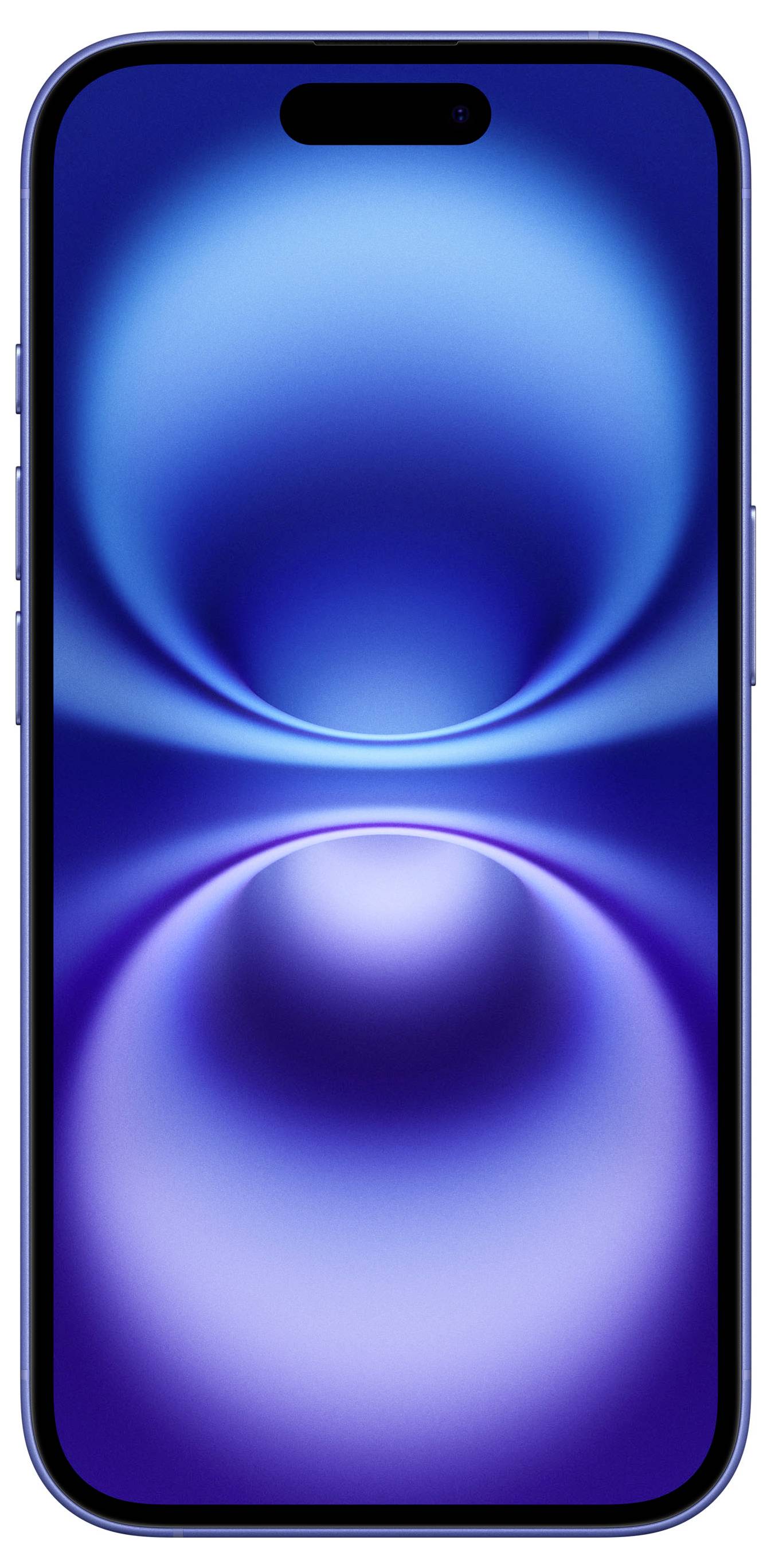 Smartphone with a blue background on the screen, displaying an abstract, symmetrical graphic of concentric circles.