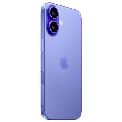 The image shows a blue smartphone from the side view with two cameras on the back and the Apple logo in the centre.