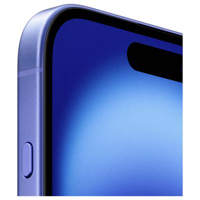 The close-up of a blue smartphone shows the top corner with the screen, a side button, and a camera aperture.