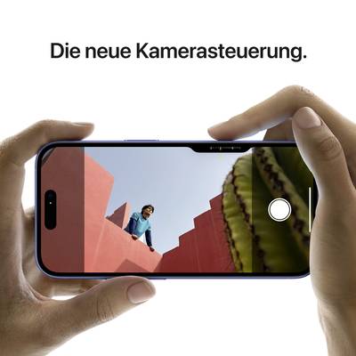 A smartphone shows a camera screen with a person on a red building. Above it reads: 'The new camera control.'