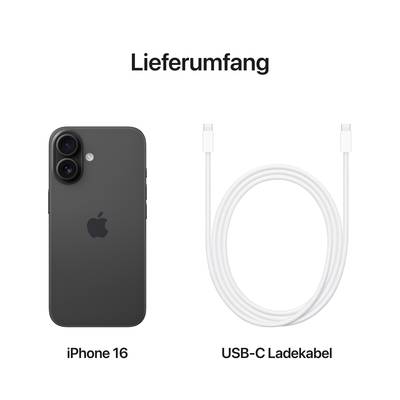 'Contents of delivery' shows an iPhone 16 and a USB-C charging cable.