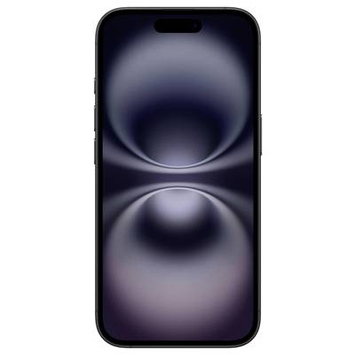 A smartphone with an abstract, dark background on the screen, displaying a stylised, symmetrical light reflection.