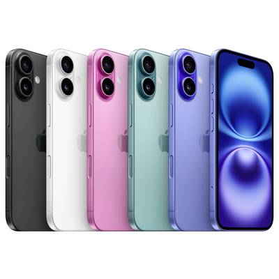 Six smartphones in different colours (black, white, pink, green, blue, and purple) are lined up side by side with their screens facing forward.