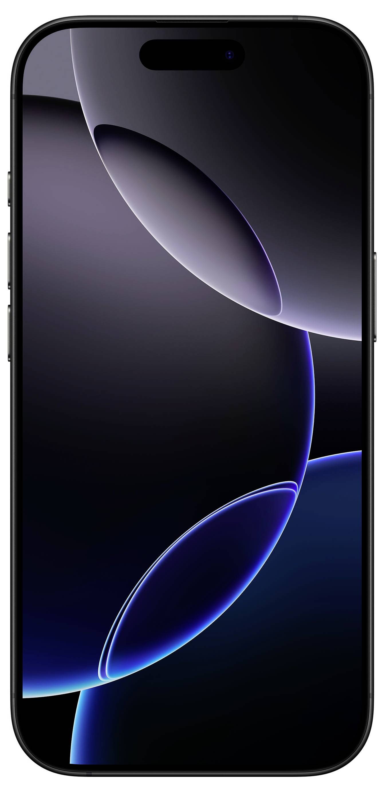 A smartphone standing upright with a dark, abstract background on its screen. It is a modern model.