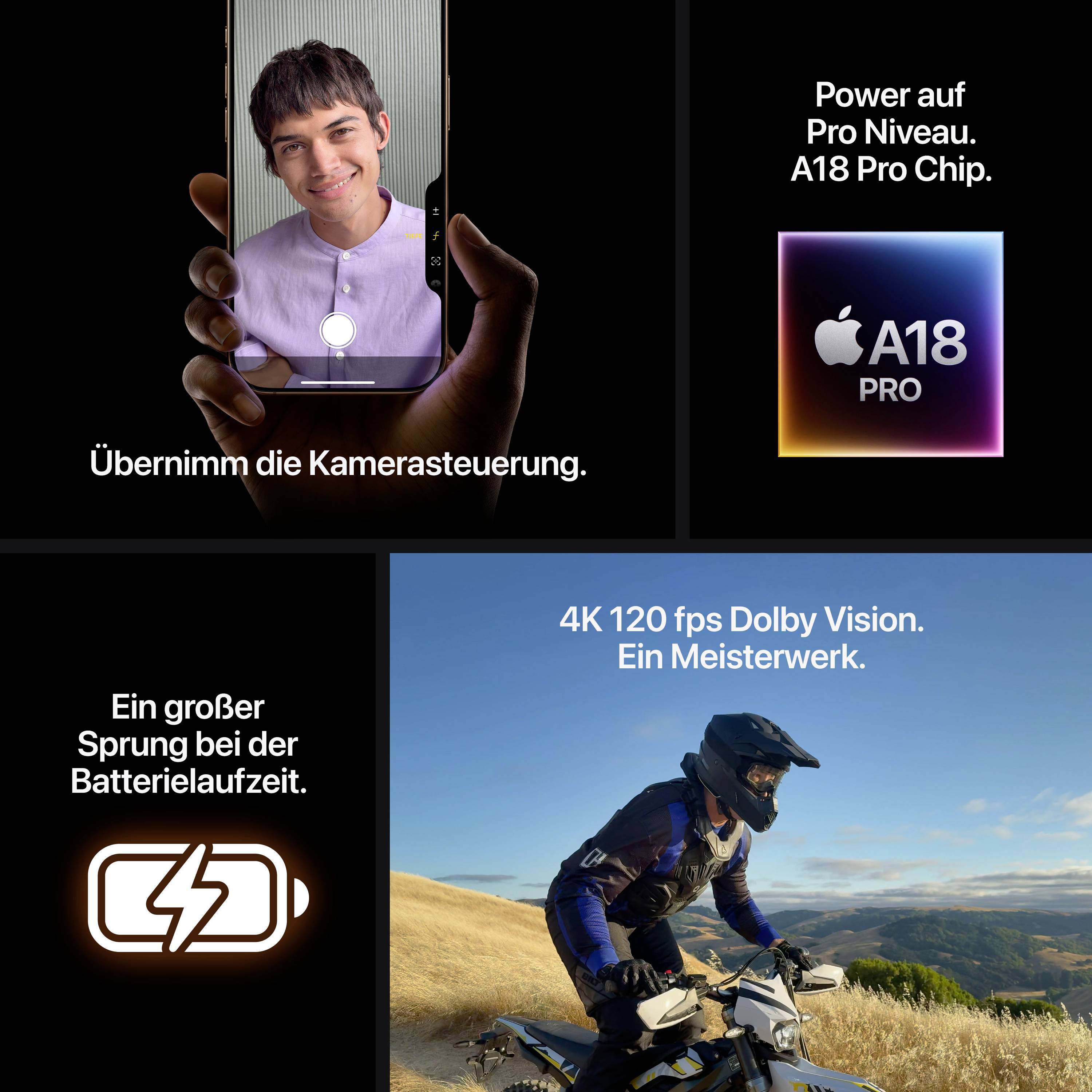 'Take control of the camera' shows a young man on a smartphone display. '4K 120 fps with Dolby Vision.' shows a motorcyclist. 'Power at Pro level. A18 Pro Chip.' 'A significant leap in battery life.' shows a charging symbol.