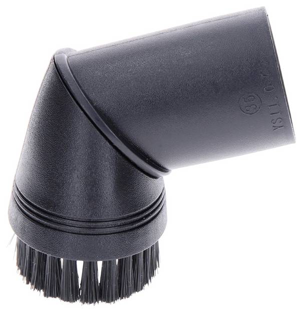 A black vacuum cleaner attachment with bristles, likely used for removing dust from furniture or other surfaces.