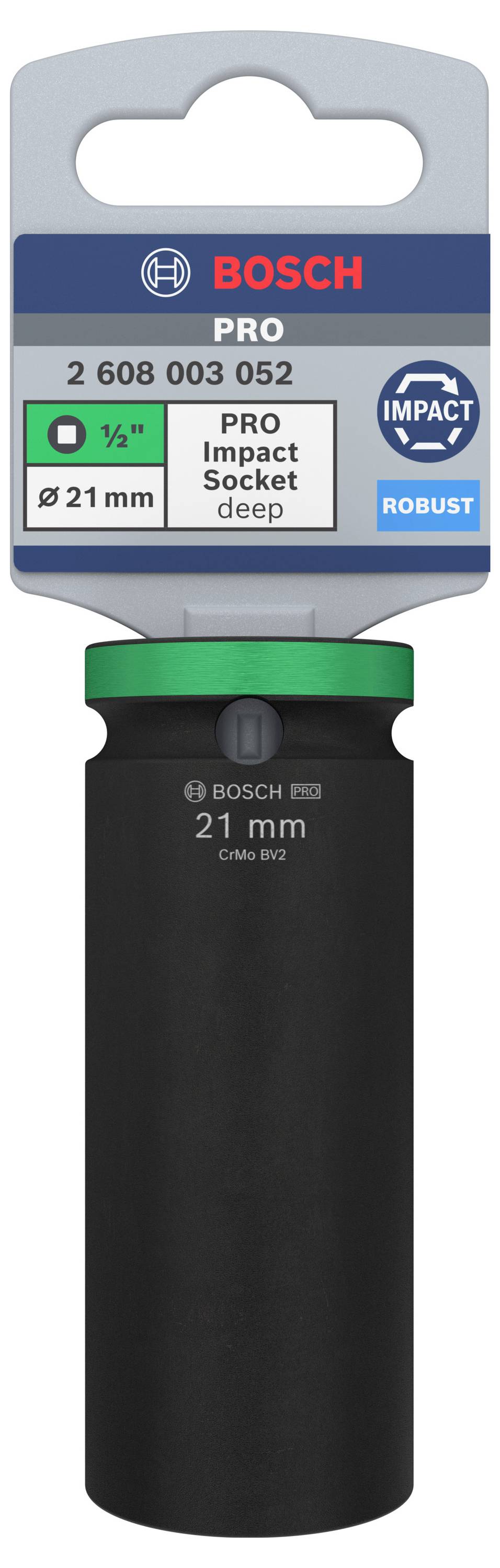 Colorful Bosch packaging shows a robust, 21 mm impact socket for professional applications, with product details and logo.