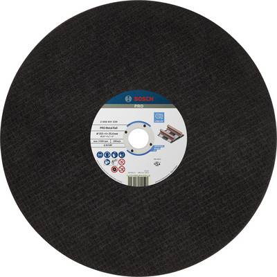 Black metal grinding disc with a blue and white label in the centre. Label contains technical specifications and the Bosch logo.