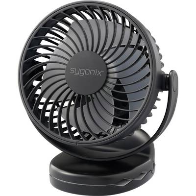 Compact, black desk fan with visible brand name on the fan blades, suitable for use on desks.