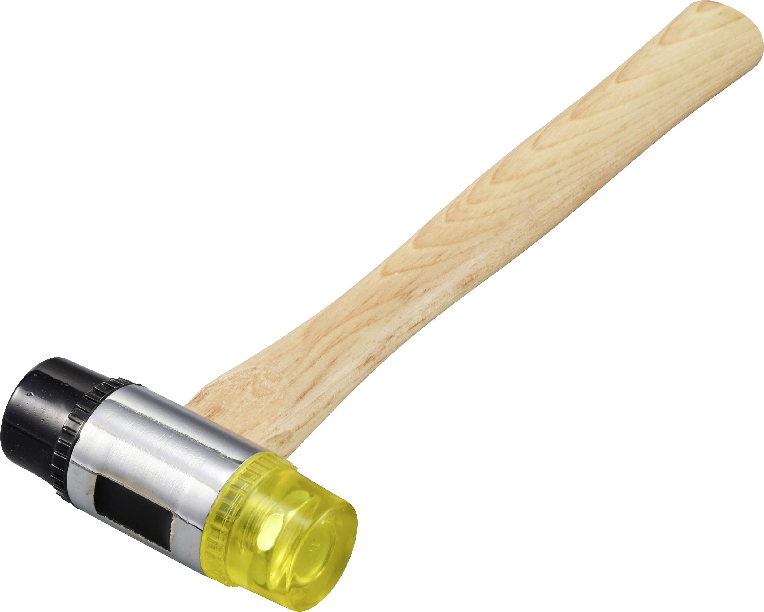 A hammer with a yellow rubber head and wooden handle, used for gentle striking without damaging the surface.