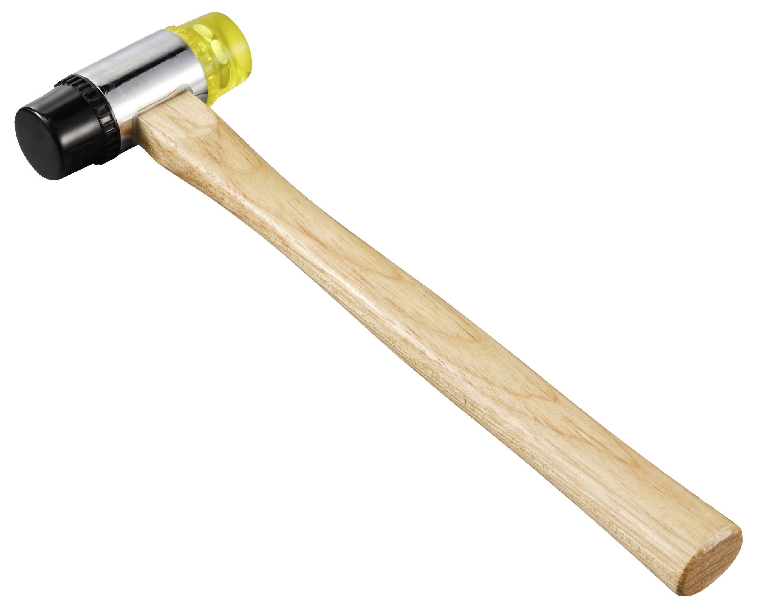 A hammer with a wooden handle and two plastic heads, one black and the other yellow, on a white background.