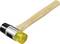 Rubber mallet with yellow and black head, wooden handle.