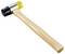 A yellow and black rubber mallet with a wooden handle, often used for tasks requiring delicate surface treatment.