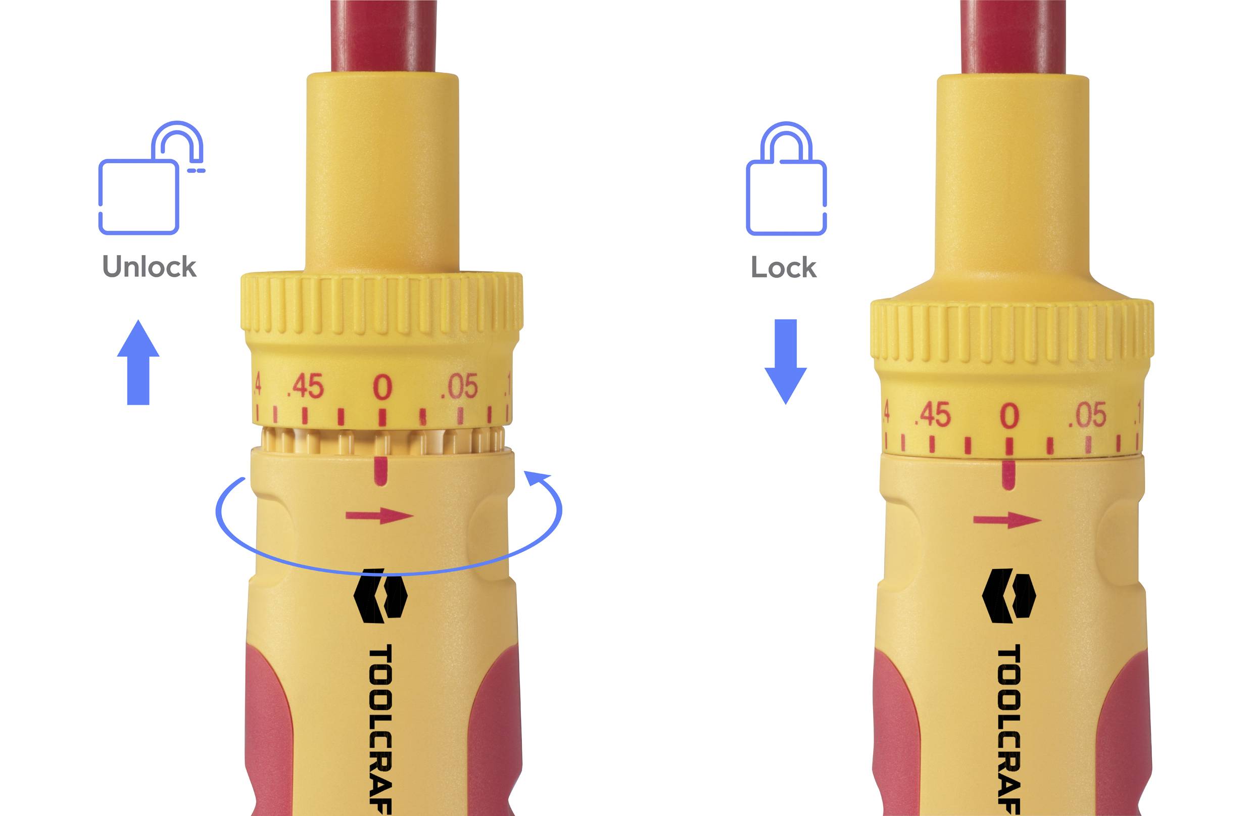 Tool security setting: Unlocked on the left by turning anticlockwise, locked on the right by turning clockwise.