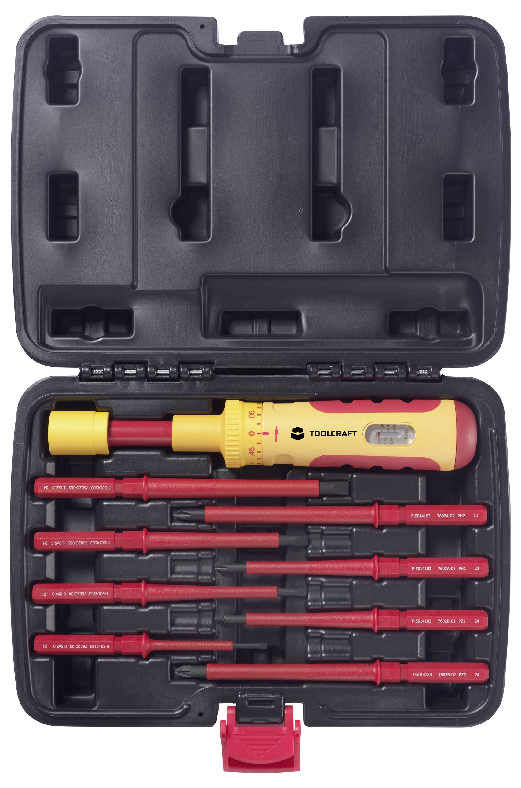 A tool kit with various insulated screwdrivers and a handle. Suitable for electrical workshop tasks.