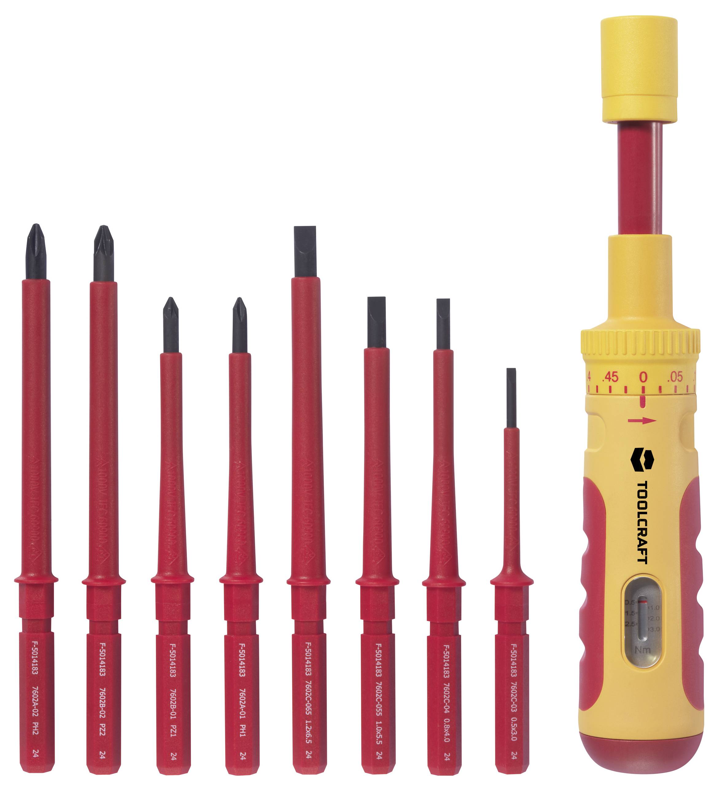 An insulated screwdriver set with eight different bits and a yellow-red handle with torque indication.