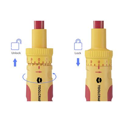 Two close-up images of a screwdriver. Left: 'Unlock' with upward arrow. Right: 'Lock' with downward arrow. Colour-coded handles.