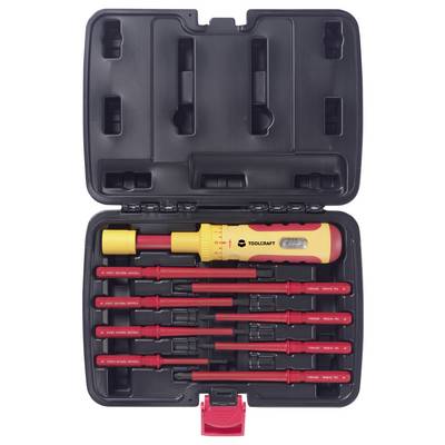 A screwdriver set with insulated, red bits in an open black case. Contains eight different bits and a handle.