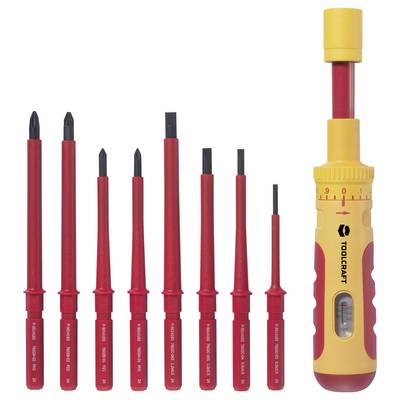 A yellow, adjustable screwdriver with nine red interchangeable bits, featuring different heads for versatile applications.