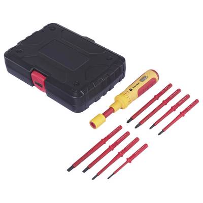 'Ratchet screwdriver set with 7 interchangeable bits in a black case.'