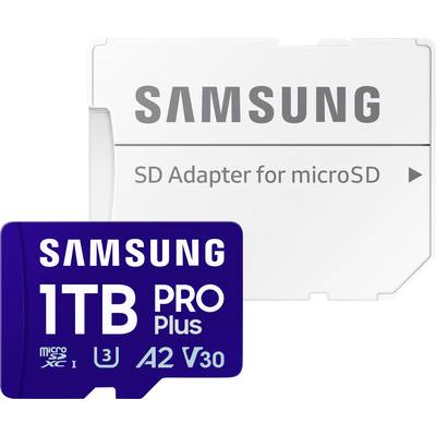 'Samsung SD Adapter for microSD and Samsung 1TB PRO Plus microSD Card' shows storage products for expanded storage capacity.