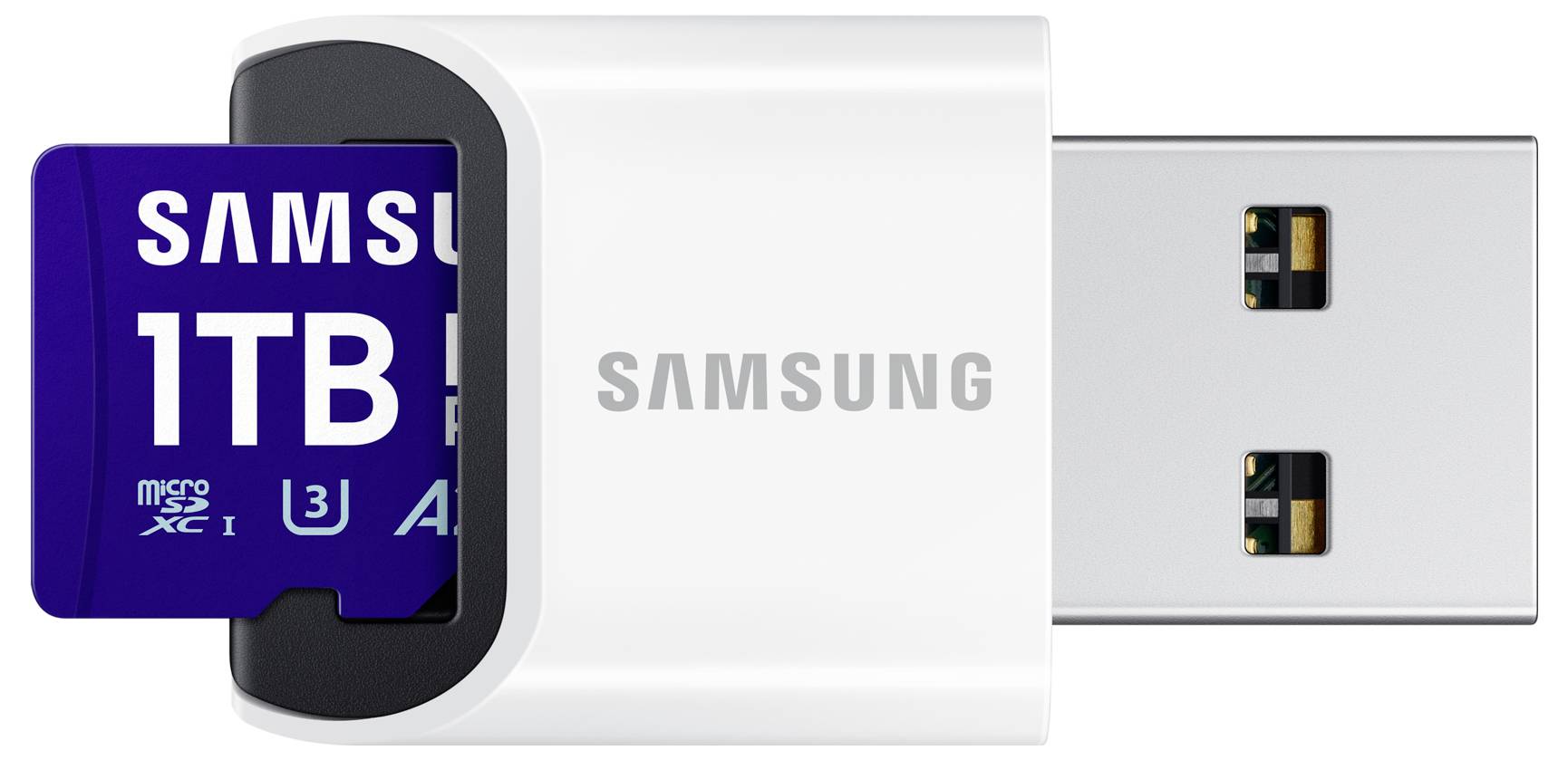 A Samsung microSDXC card with 1TB capacity inserted into a card reader demonstrates the compatible storage solution.