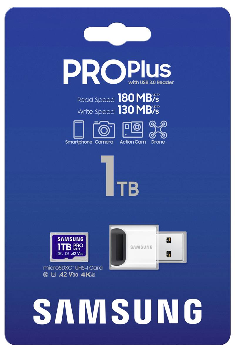 Samsung PRO Plus microSD card with 1 TB storage capacity. Read speed: 180 MB/s, Write speed: 130 MB/s. Includes USB 3.0 card reader.