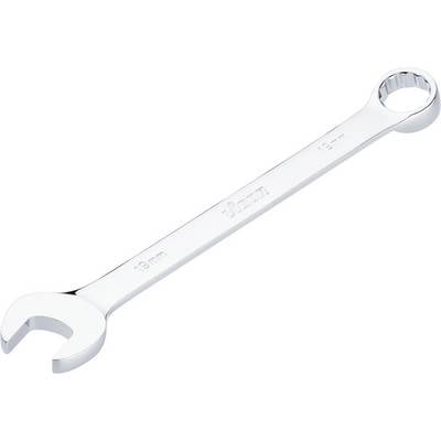 A silver spanner with an open and a closed end, suitable for 19 mm nuts and bolts.