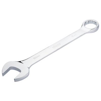 A silver spanner with an open-ended and ring end, size 50 mm, lies on a white background.