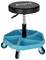 A round workshop stool on castors with a black seat and adjustable height. The base is turquoise and has storage compartments for tools.