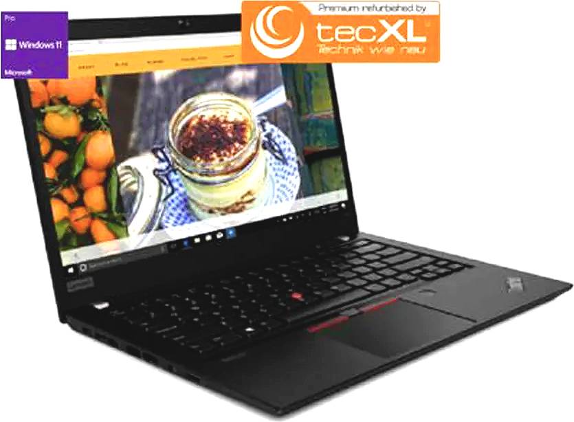 Laptop with open screen displaying a food image. 'tecXL' logo in the top right, 'Windows 11 Pro' note on the left.