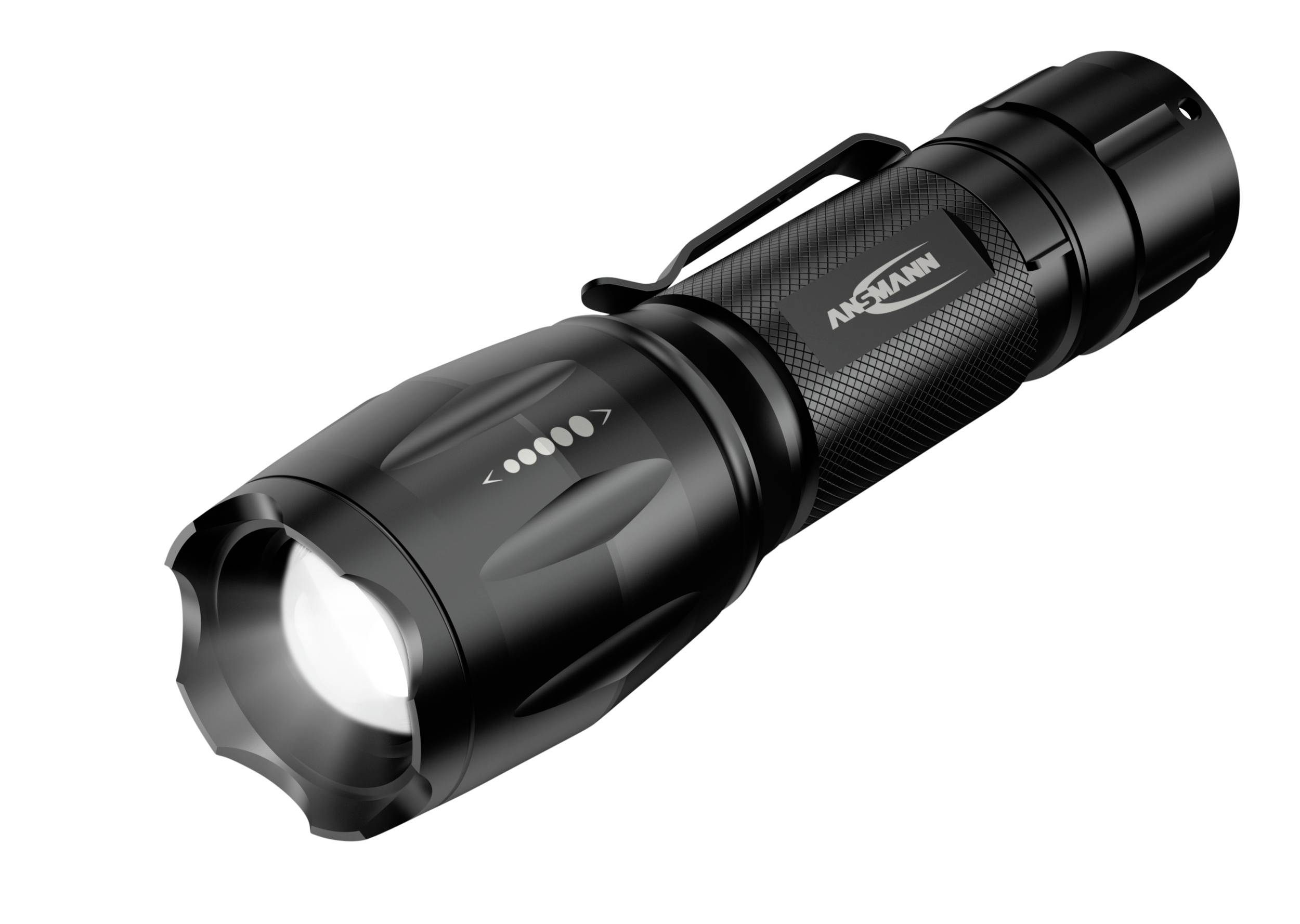 Black torch with bright LED and textured grip. Clip on the side for attachment.