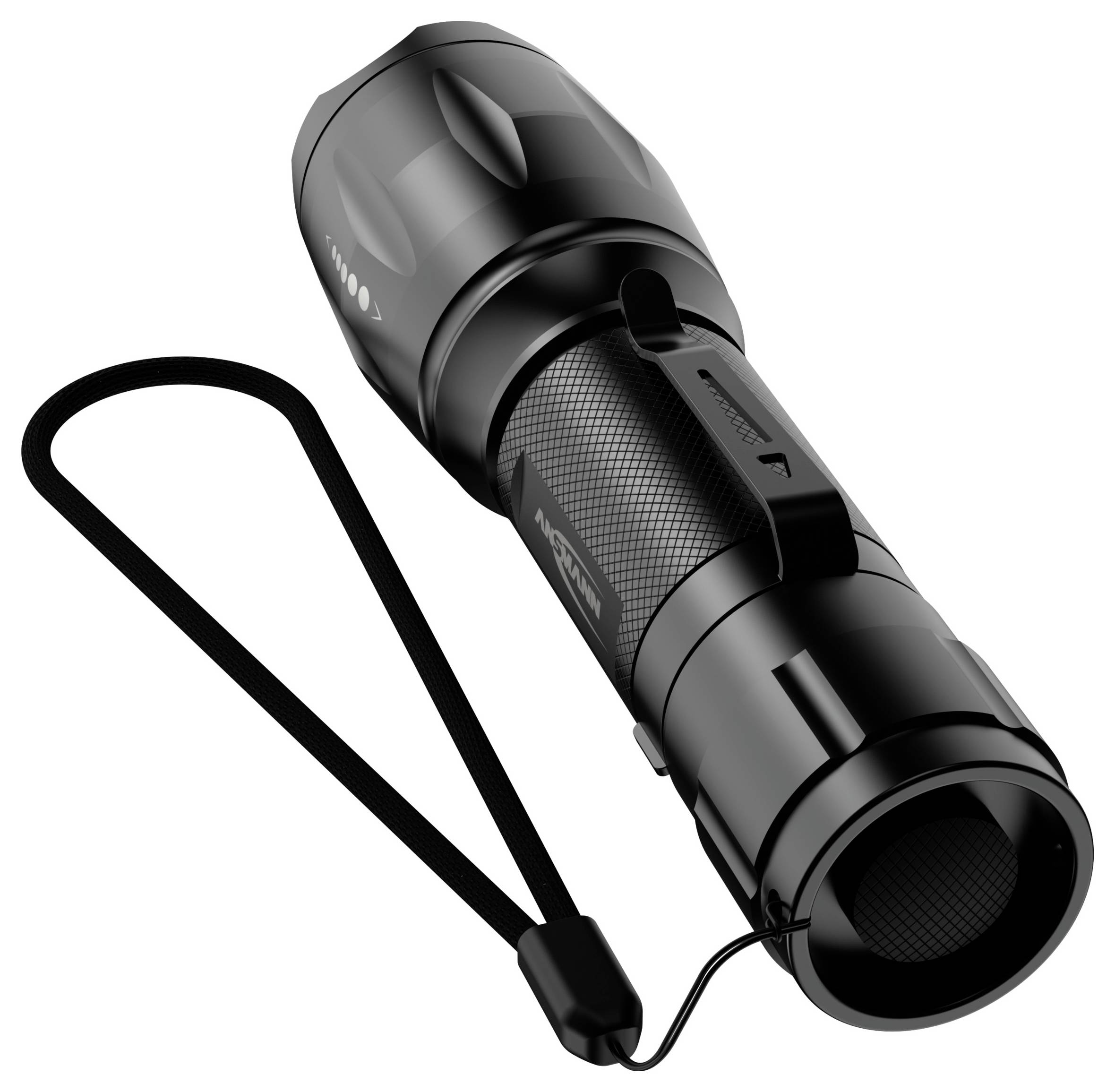 Black torch with textured grip and adjustable strap, positioned at an angle, with robust design for outdoor activities.