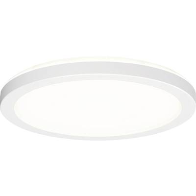 Round ceiling light with white casing. Emits uniform, bright light, suitable for modern interiors.