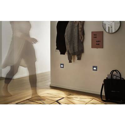 A blurry, standing figure in the hallway; a mirror, jackets, and a sign on the wall. The floor illuminated by light.
