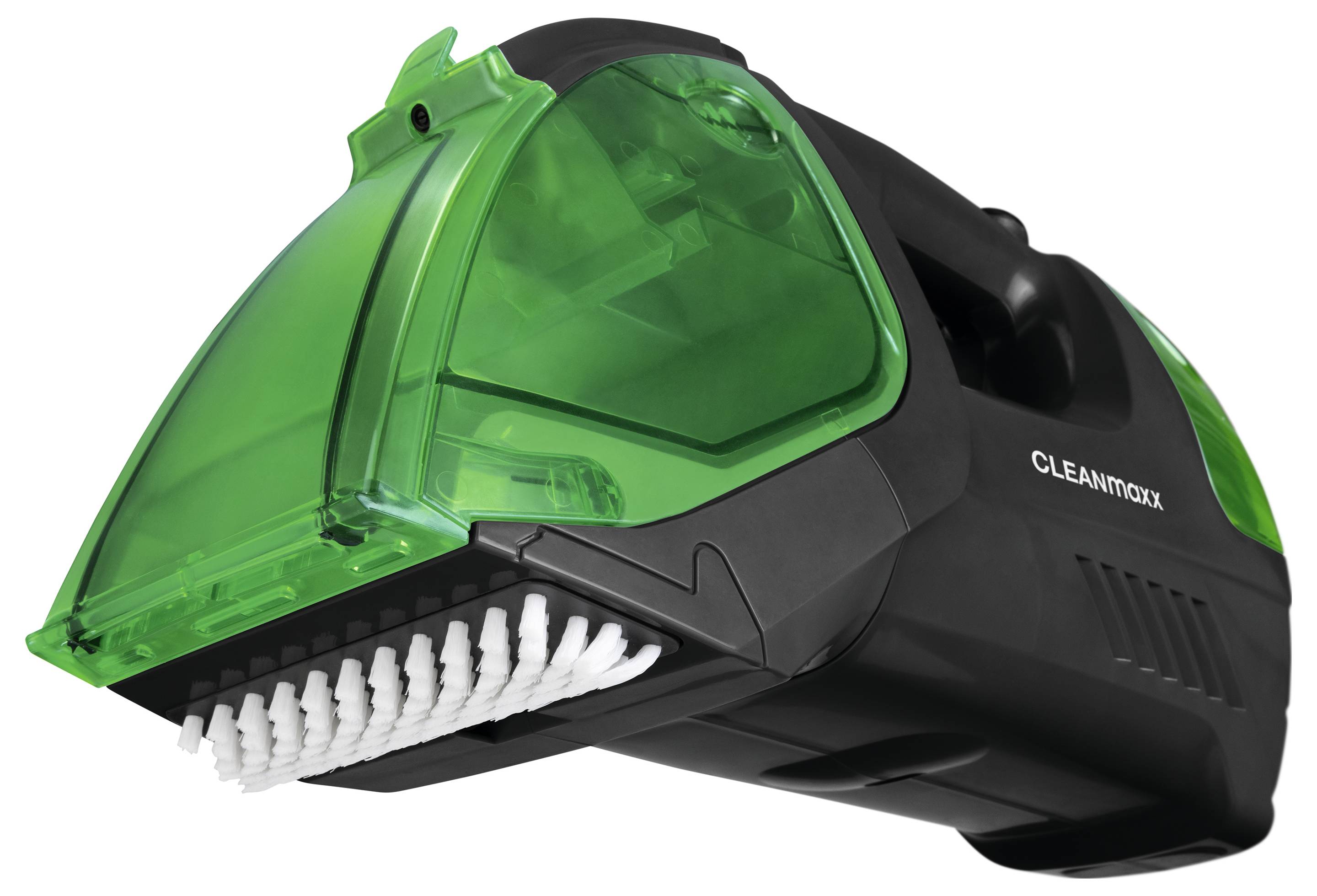 Handheld vacuum cleaner with a green, transparent container and attached brush, with 'CLEANTOXX' printed on the side. Suitable for small cleaning tasks.