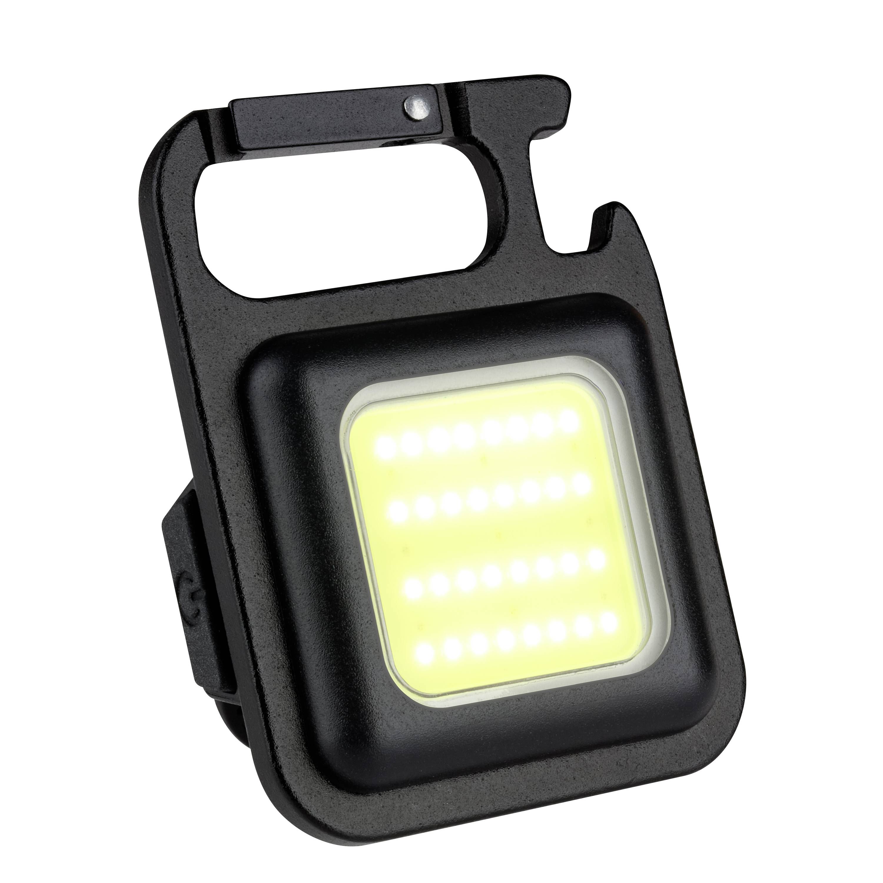 A portable, black LED light with a square shape, suitable for hanging or mounting on surfaces, illuminating.