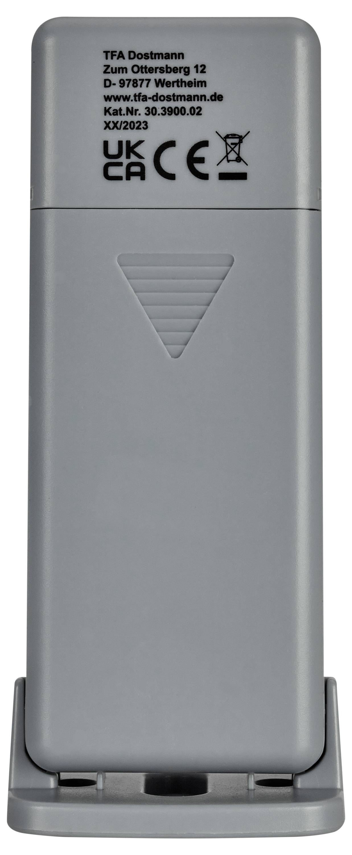 A grey TFA Dostmann sensor with UKCA and CE markings, model number 30.3900.02, standing on a mount.