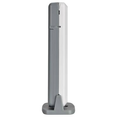 Grey and white vertical device in profile view, possibly an electronic gadget or accessory.