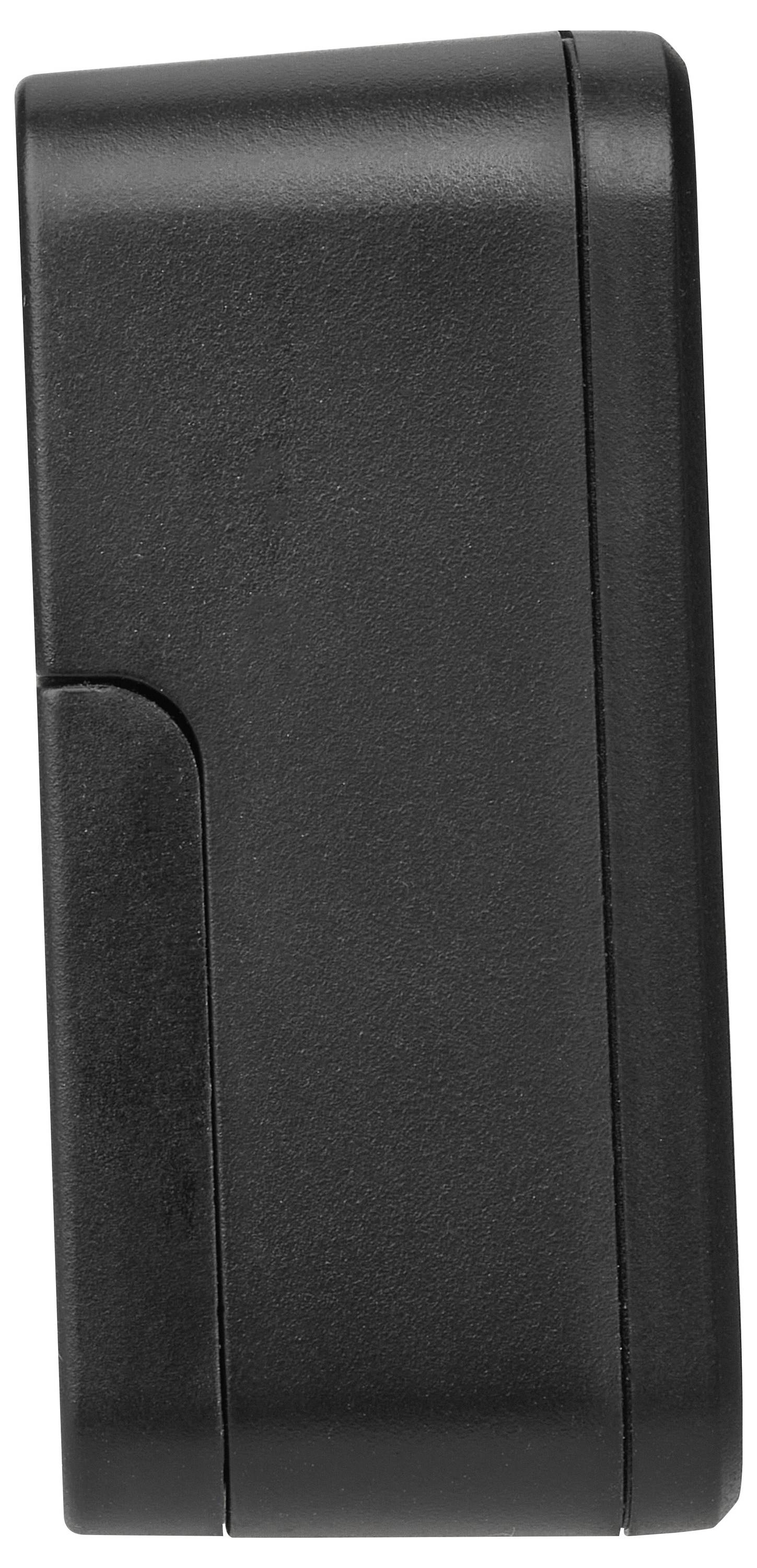 Black, rectangular electronic device with rounded edges, side view.