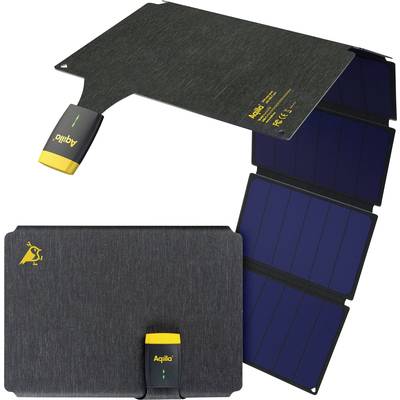 Portable solar charger with four foldable solar panels and yellow connector, suitable for outdoor activities.