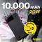 A black power bank with 10,000 mAh capacity and 20W power. Text states 'Charging x2 Times'. Brand 'Aqiila'. Abstract background.