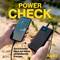 Two hands holding a smartphone and a power bank with charging indicator. Text: 'POWER CHECK'. Background blurred; focus on devices.