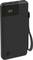 A black power bank with an LED display shows '100', indicating a full charge. An integrated cable is attached to the side.