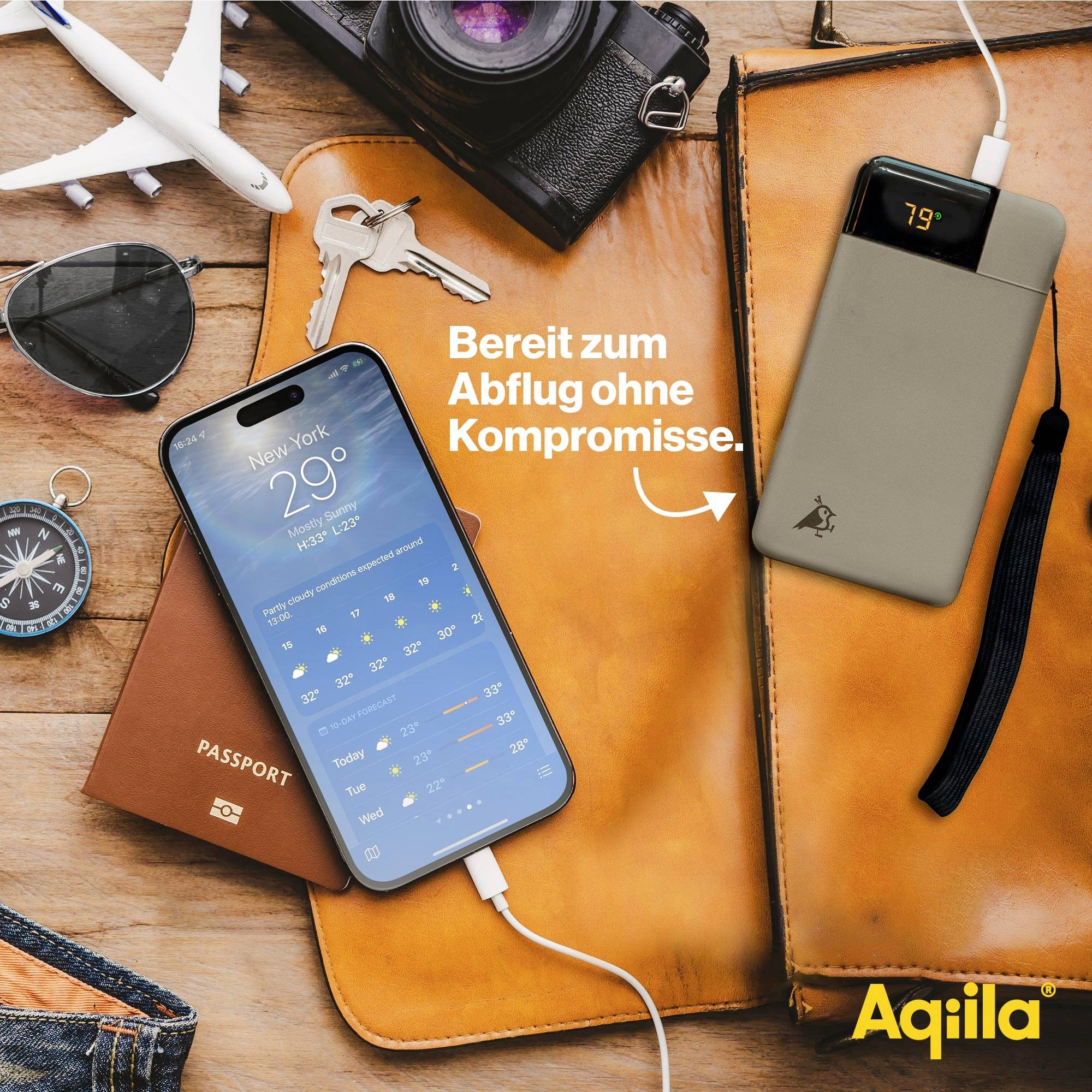 A smartphone and document wallet on leather cases with passport and charger. Text: 'Ready for takeoff without compromise.' Aeroplane model and camera in the background.