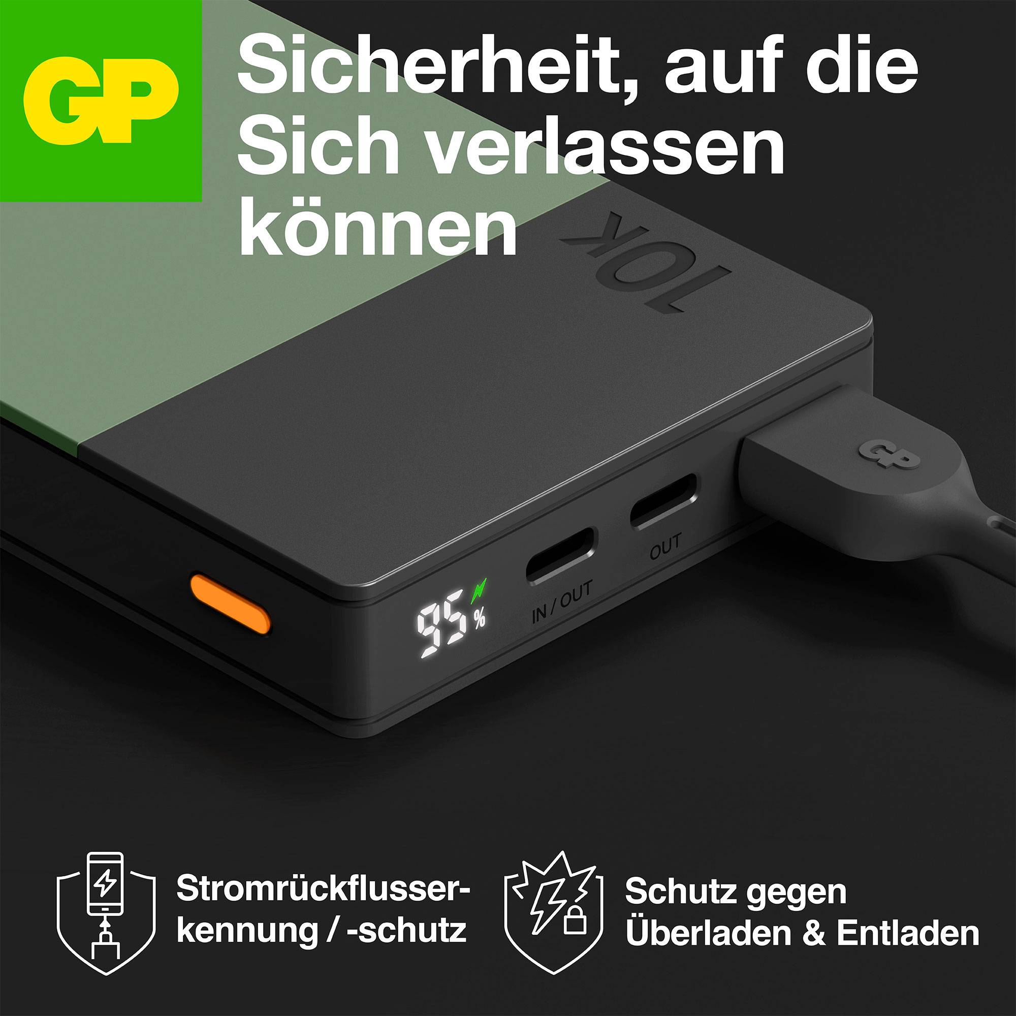 Black charger with digital display (95%). Text: 'Safety you can rely on'. Overcharge and voltage protection symbols.
