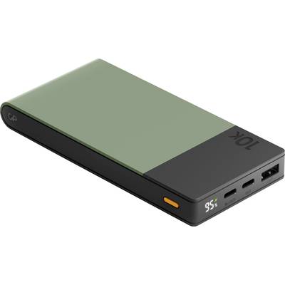Portable power bank in black and green with a digital display showing '95%', and input and output ports on the side.