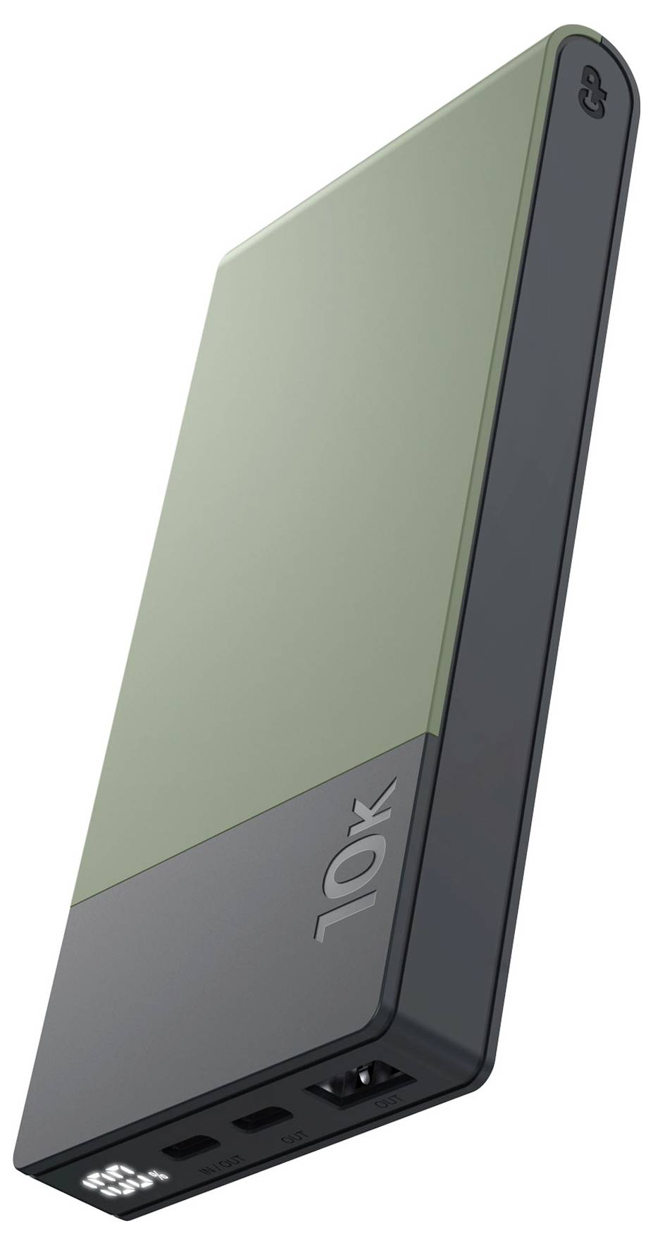 Portable charger with an olive green and grey surface, featuring a '10k' inscription, showing multiple charging ports.